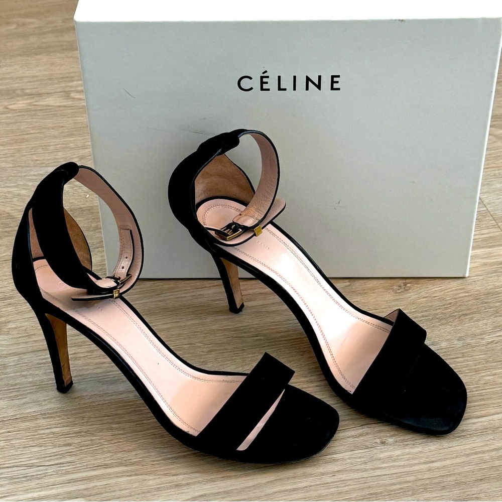 Celine Paris Black Suede Leather Sandal Ankle Strap Heels - EU 38.5